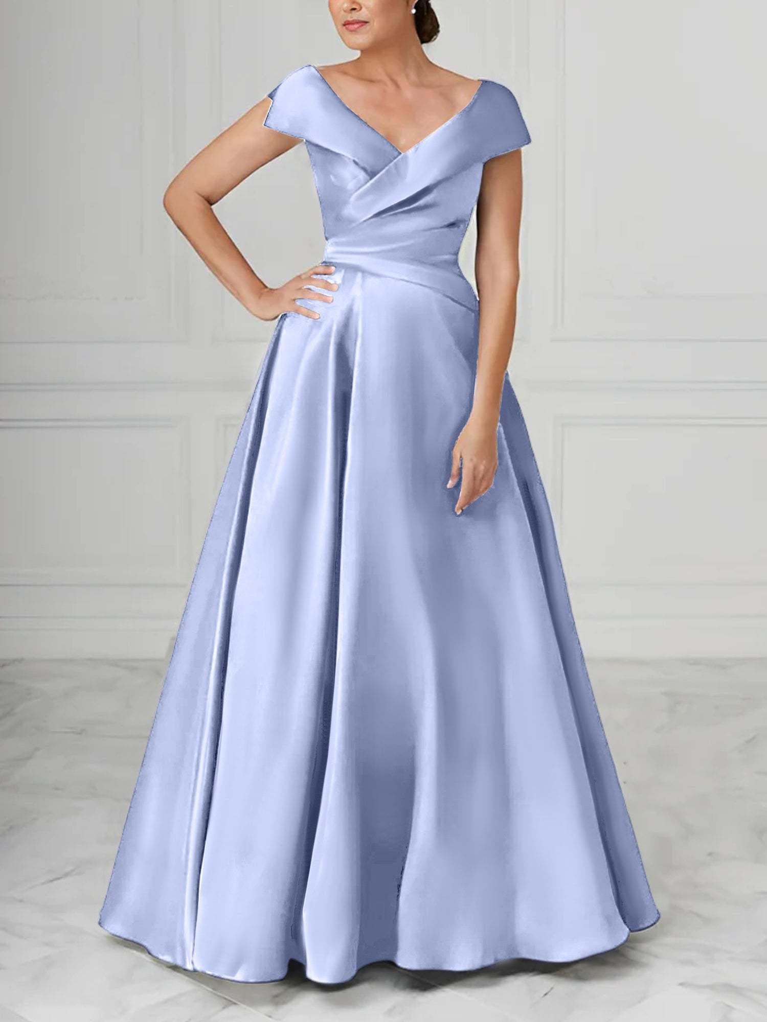 V-Neck Satin A-Line Mother of the Bride Dresses with Ruched Princess Details-BMbridal