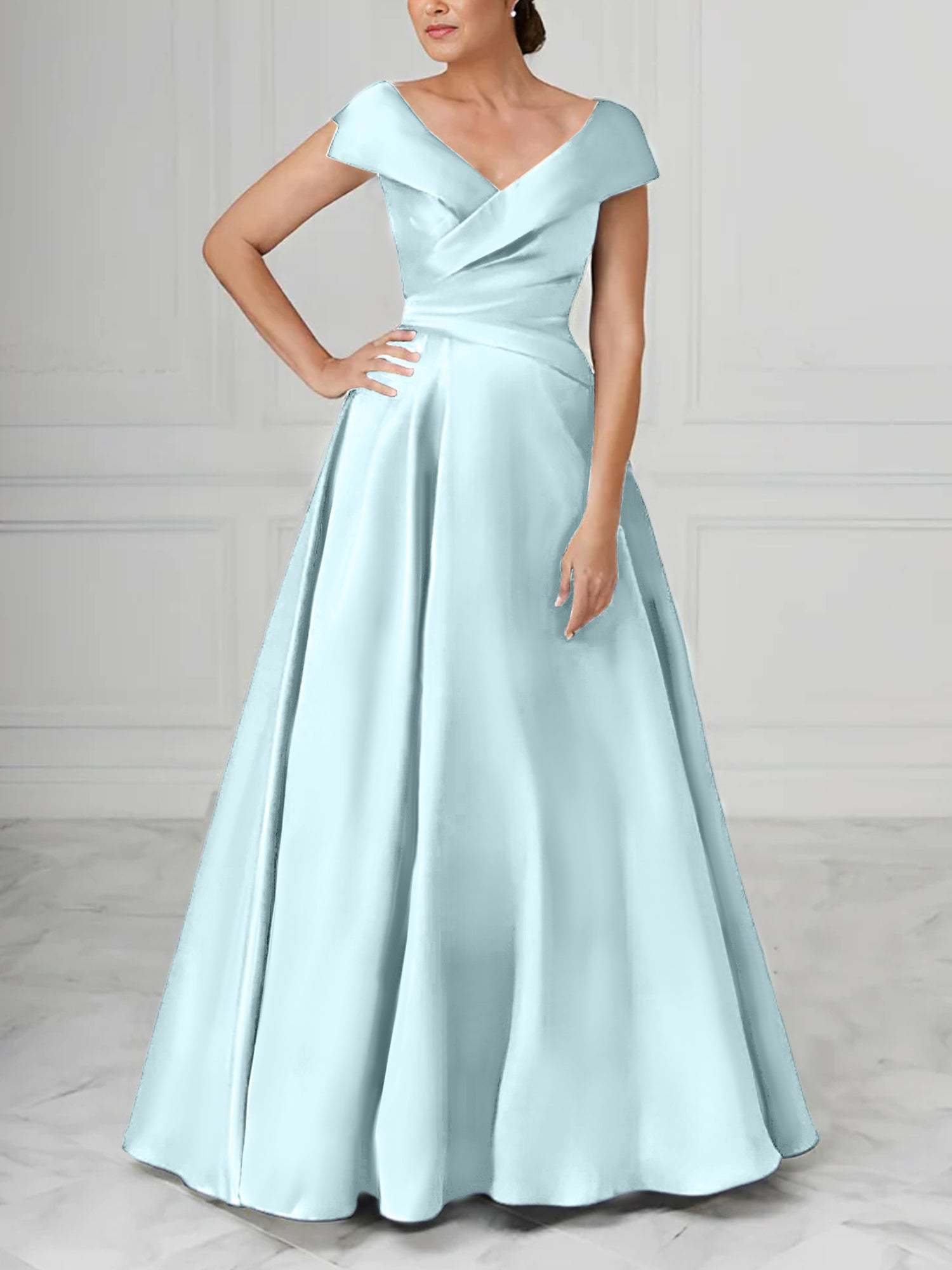 V-Neck Satin A-Line Mother of the Bride Dresses with Ruched Princess Details-BMbridal