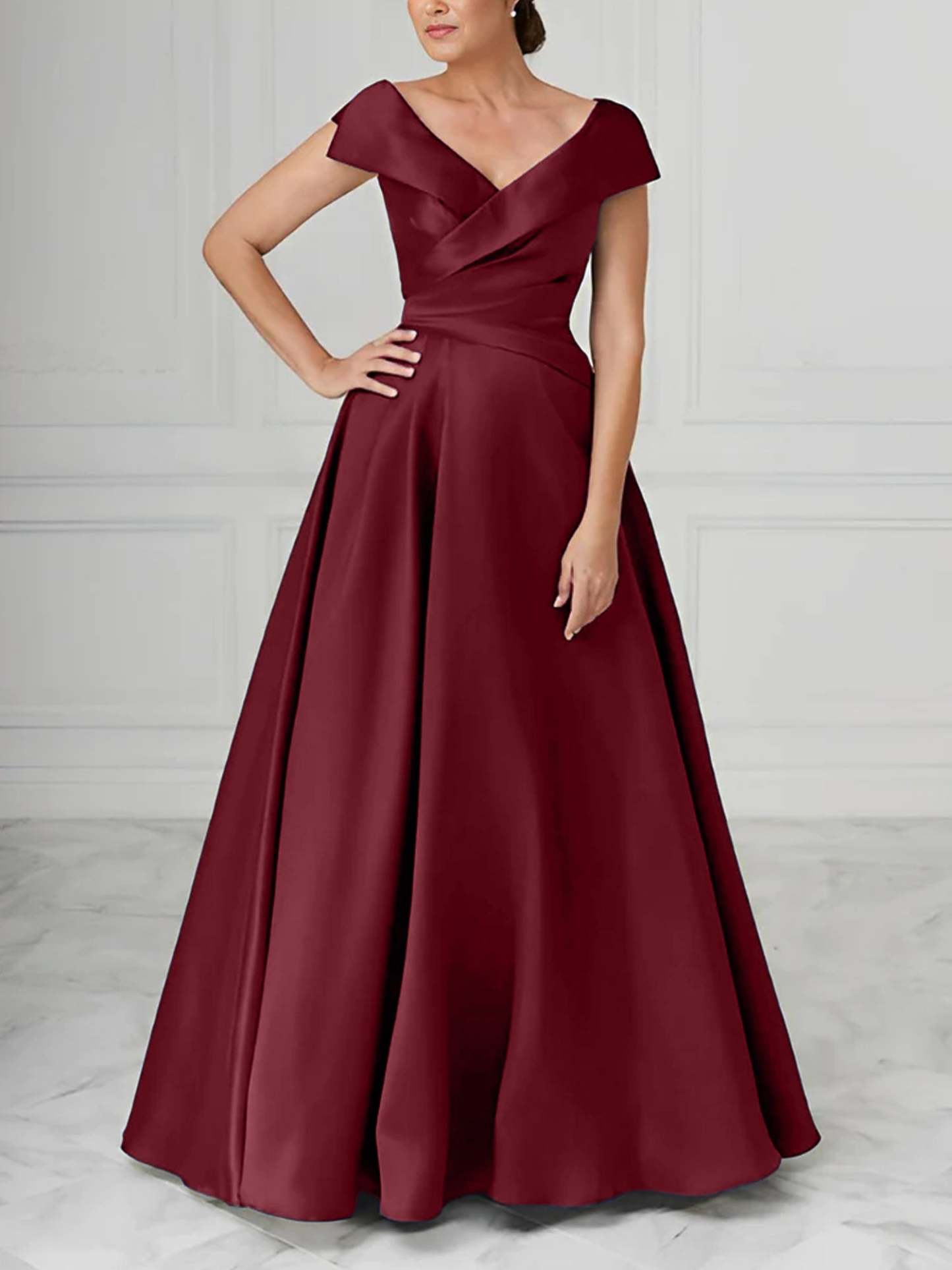 V-Neck Satin A-Line Mother of the Bride Dresses with Ruched Princess Details-BMbridal