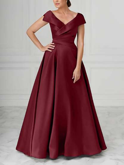 V-Neck Satin A-Line Mother of the Bride Dresses with Ruched Princess Details-BMbridal