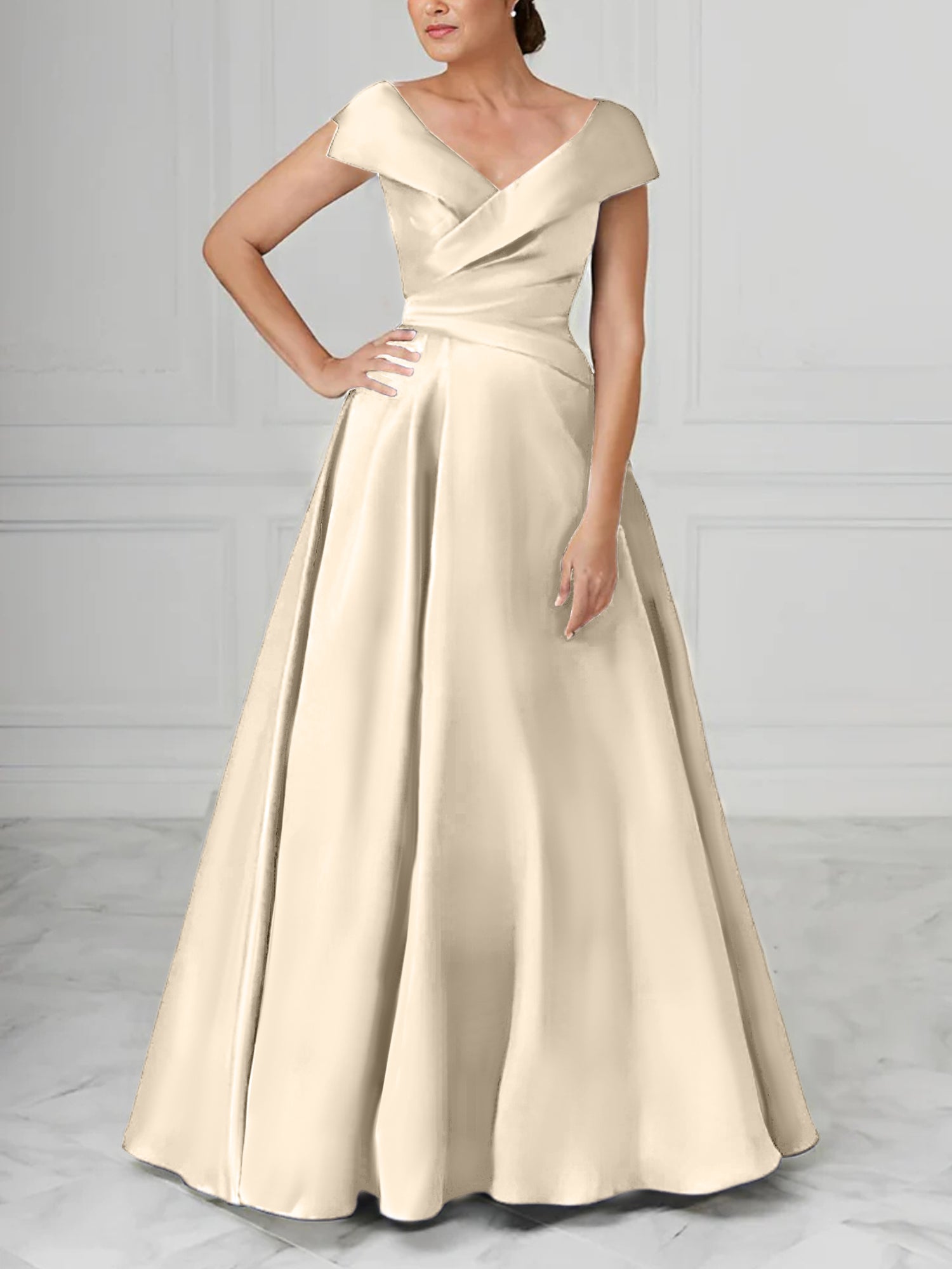 V-Neck Satin A-Line Mother of the Bride Dresses with Ruched Princess Details-BMbridal