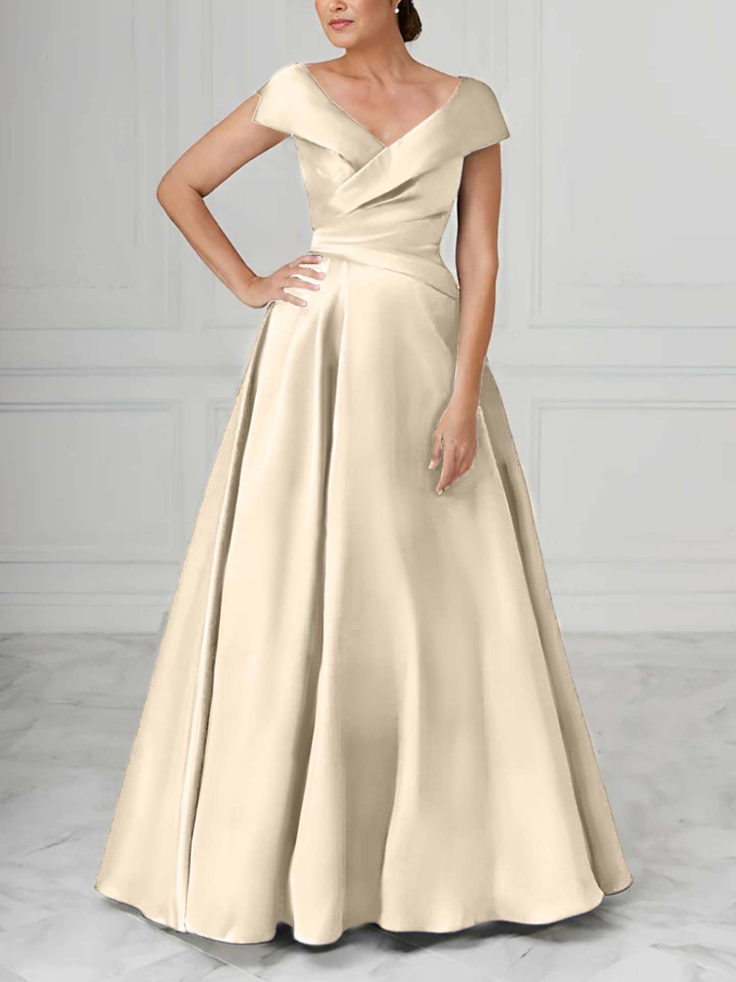 V-Neck Satin A-Line Mother of the Bride Dresses with Ruched Princess Details-BMbridal