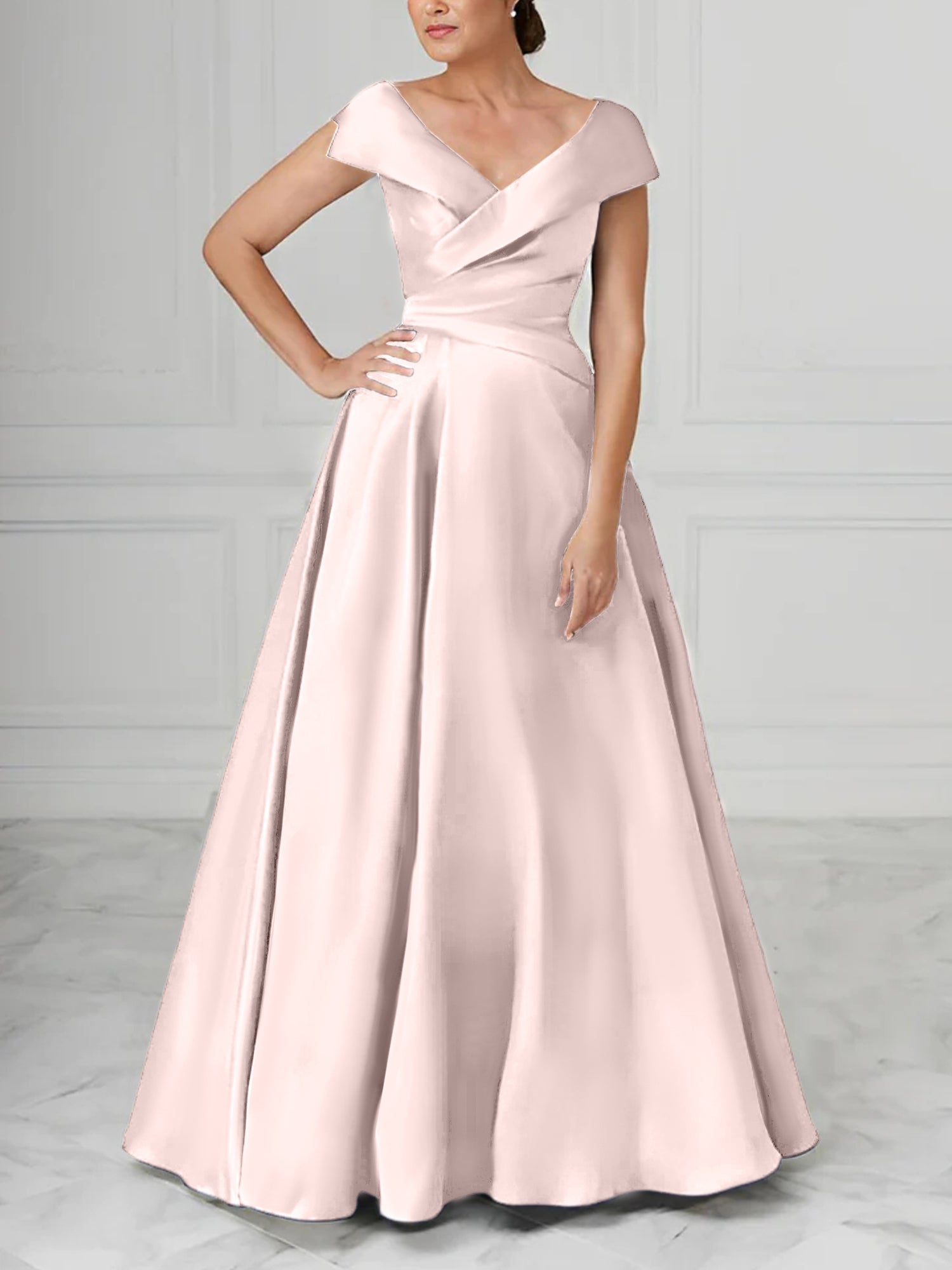 V-Neck Satin A-Line Mother of the Bride Dresses with Ruched Princess Details-BMbridal