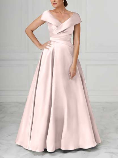 V-Neck Satin A-Line Mother of the Bride Dresses with Ruched Princess Details-BMbridal