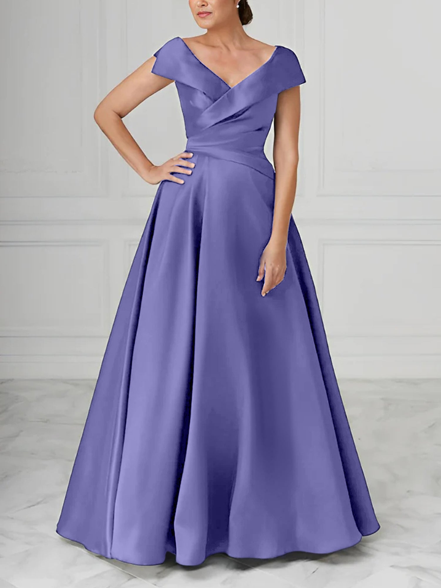 V-Neck Satin A-Line Mother of the Bride Dresses with Ruched Princess Details-BMbridal