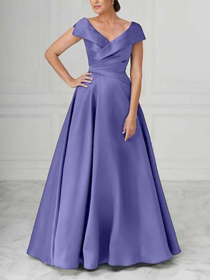 V-Neck Satin A-Line Mother of the Bride Dresses with Ruched Princess Details-BMbridal