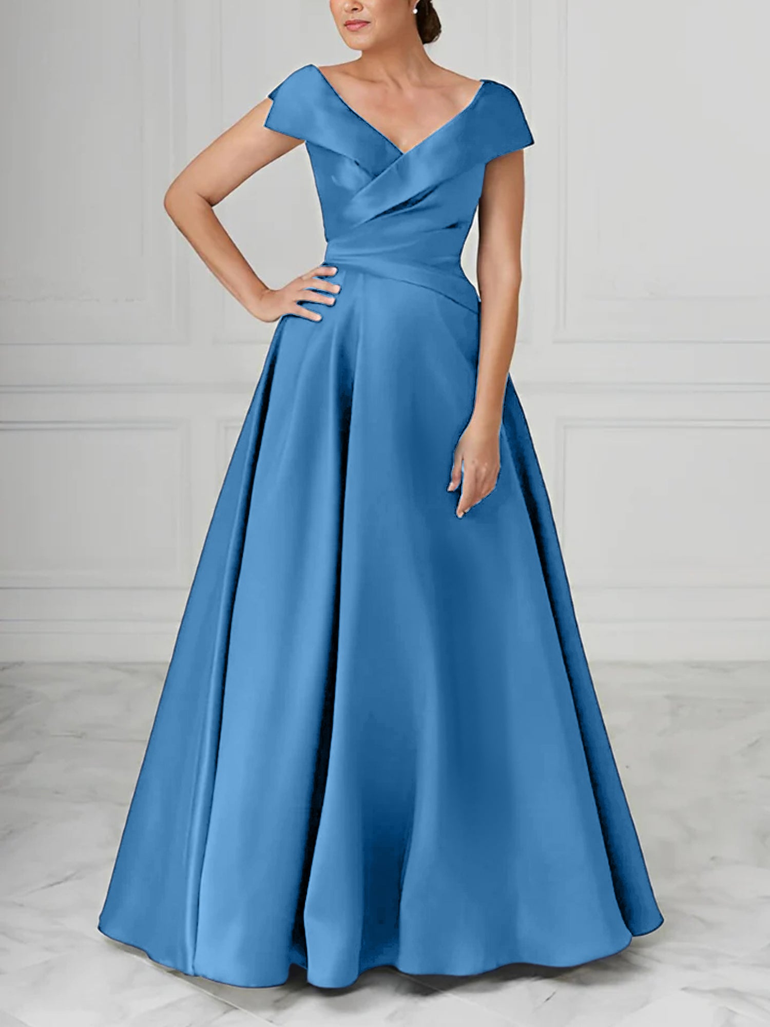 V-Neck Satin A-Line Mother of the Bride Dresses with Ruched Princess Details-BMbridal