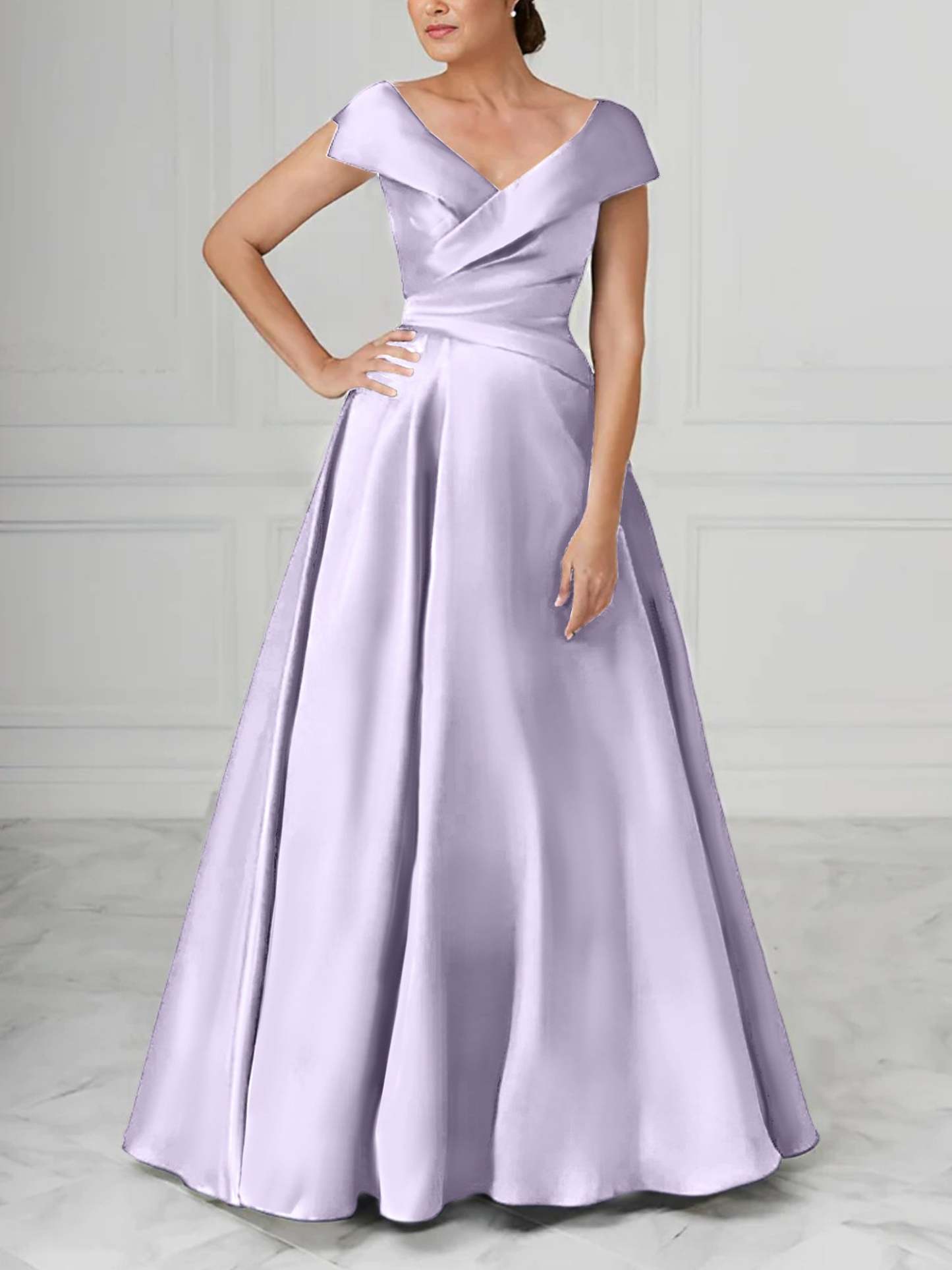 V-Neck Satin A-Line Mother of the Bride Dresses with Ruched Princess Details-BMbridal