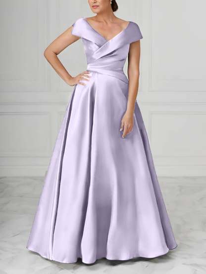 V-Neck Satin A-Line Mother of the Bride Dresses with Ruched Princess Details-BMbridal
