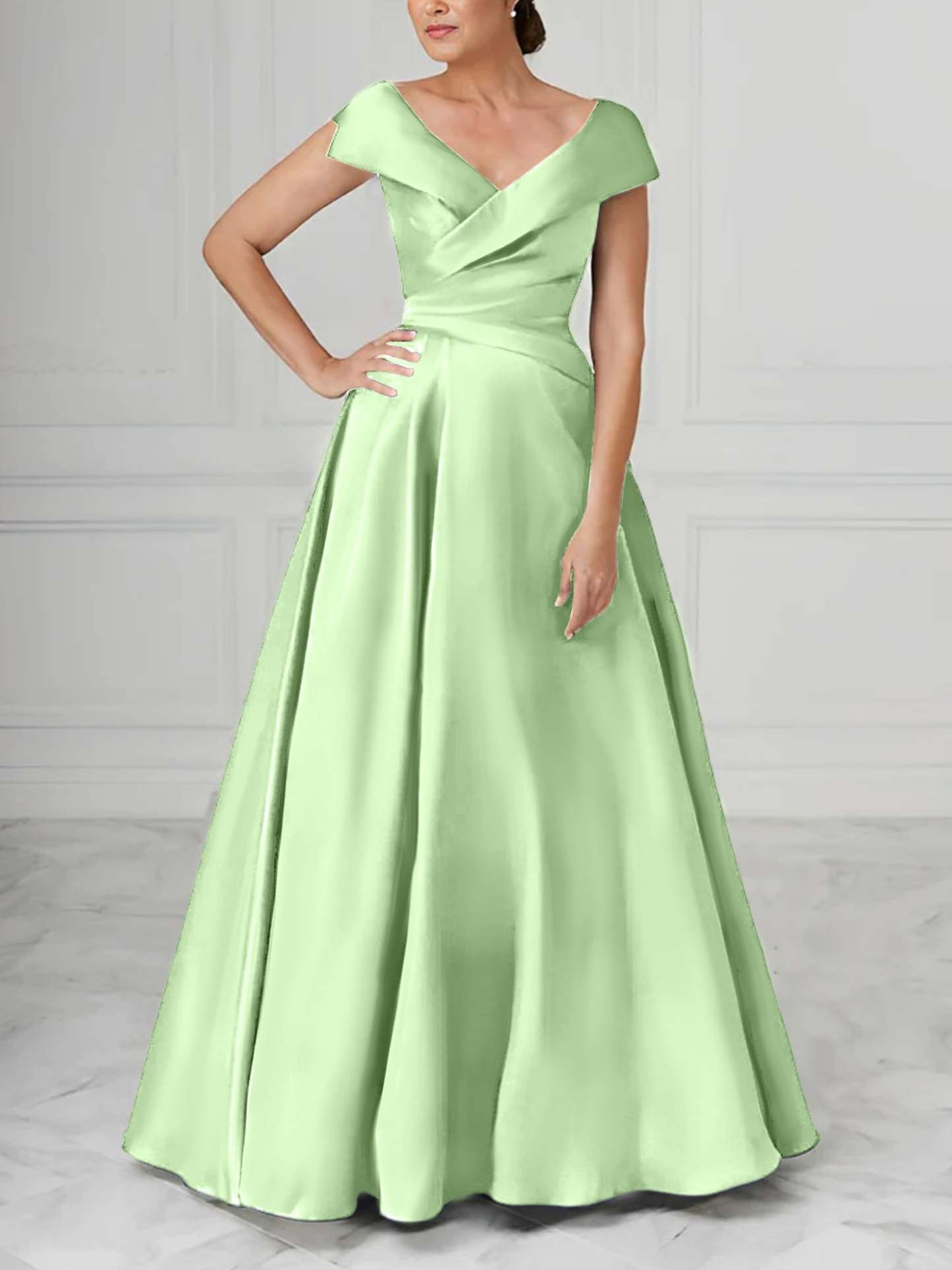V-Neck Satin A-Line Mother of the Bride Dresses with Ruched Princess Details-BMbridal
