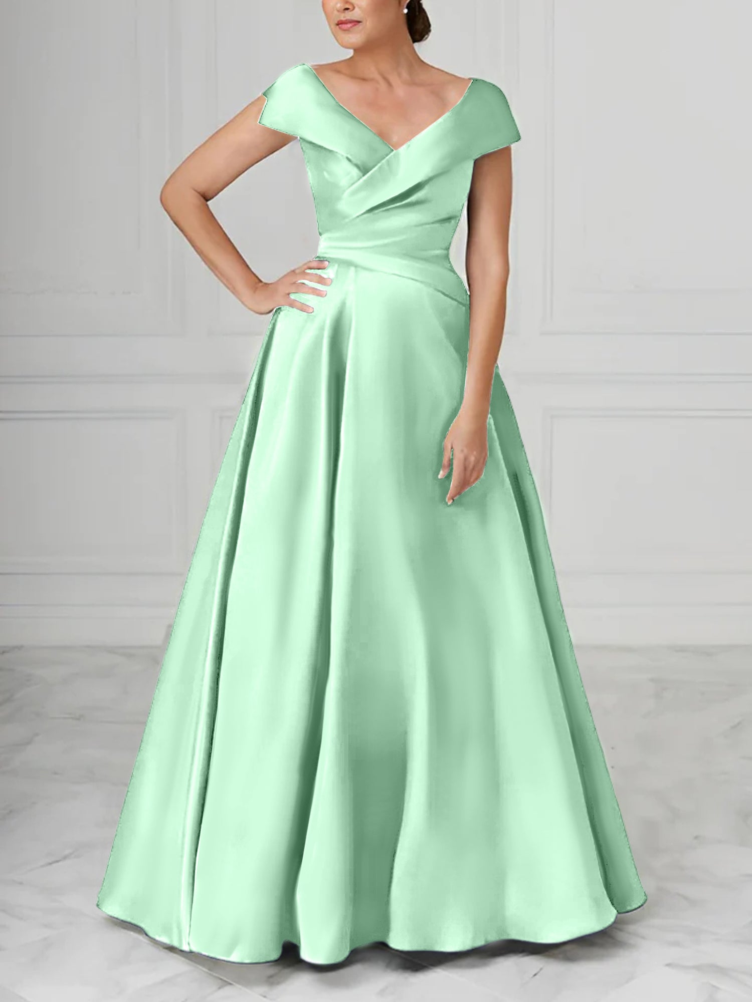 V-Neck Satin A-Line Mother of the Bride Dresses with Ruched Princess Details-BMbridal