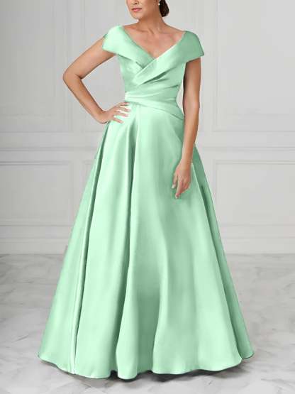 V-Neck Satin A-Line Mother of the Bride Dresses with Ruched Princess Details-BMbridal