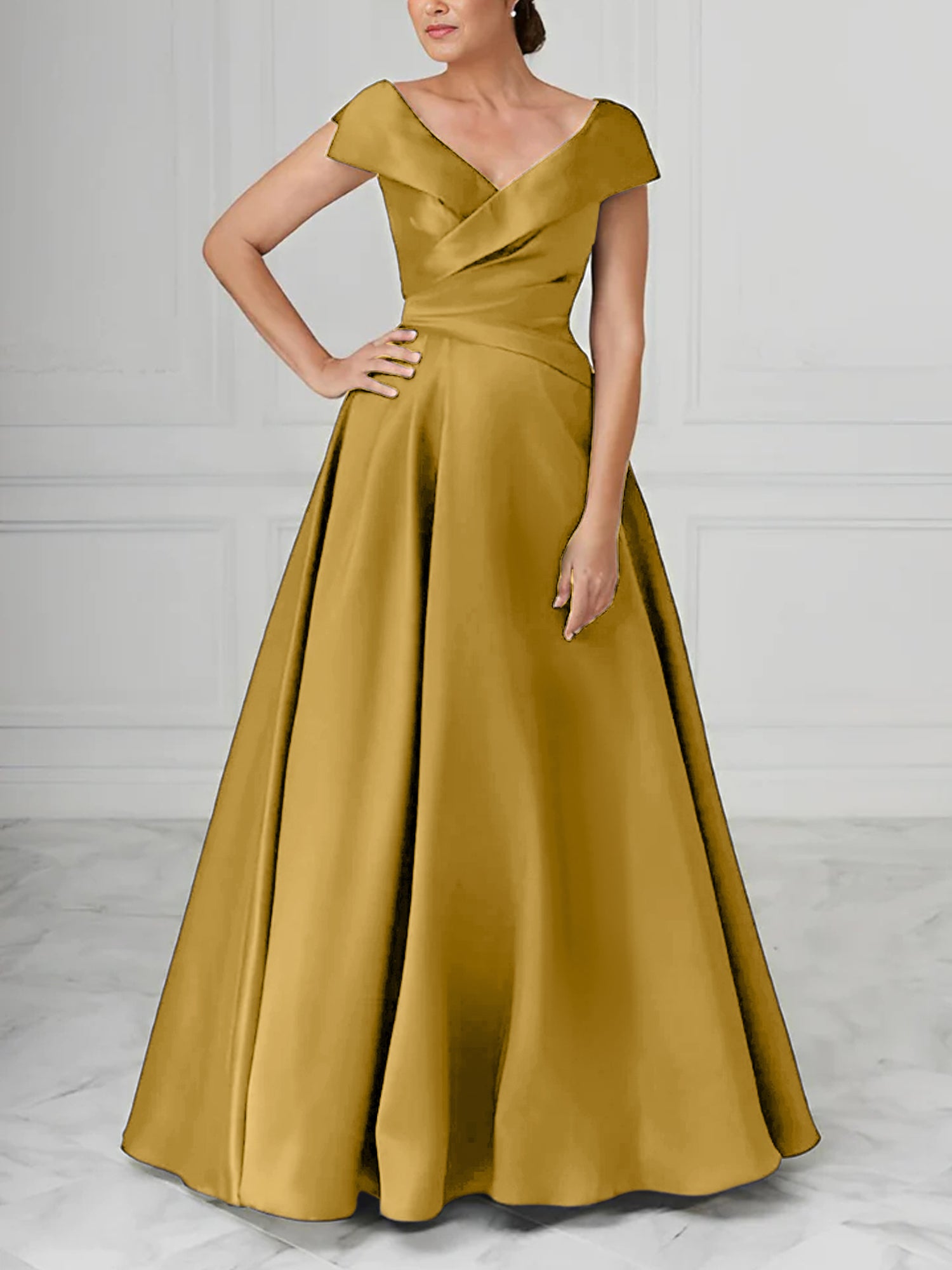 V-Neck Satin A-Line Mother of the Bride Dresses with Ruched Princess Details-BMbridal
