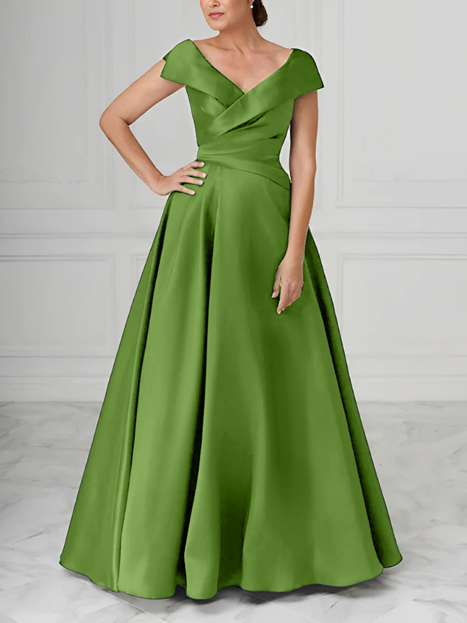 V-Neck Satin A-Line Mother of the Bride Dresses with Ruched Princess Details-BMbridal