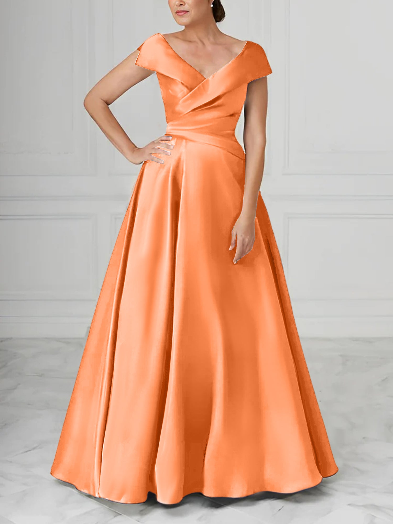 V-Neck Satin A-Line Mother of the Bride Dresses with Ruched Princess Details-BMbridal