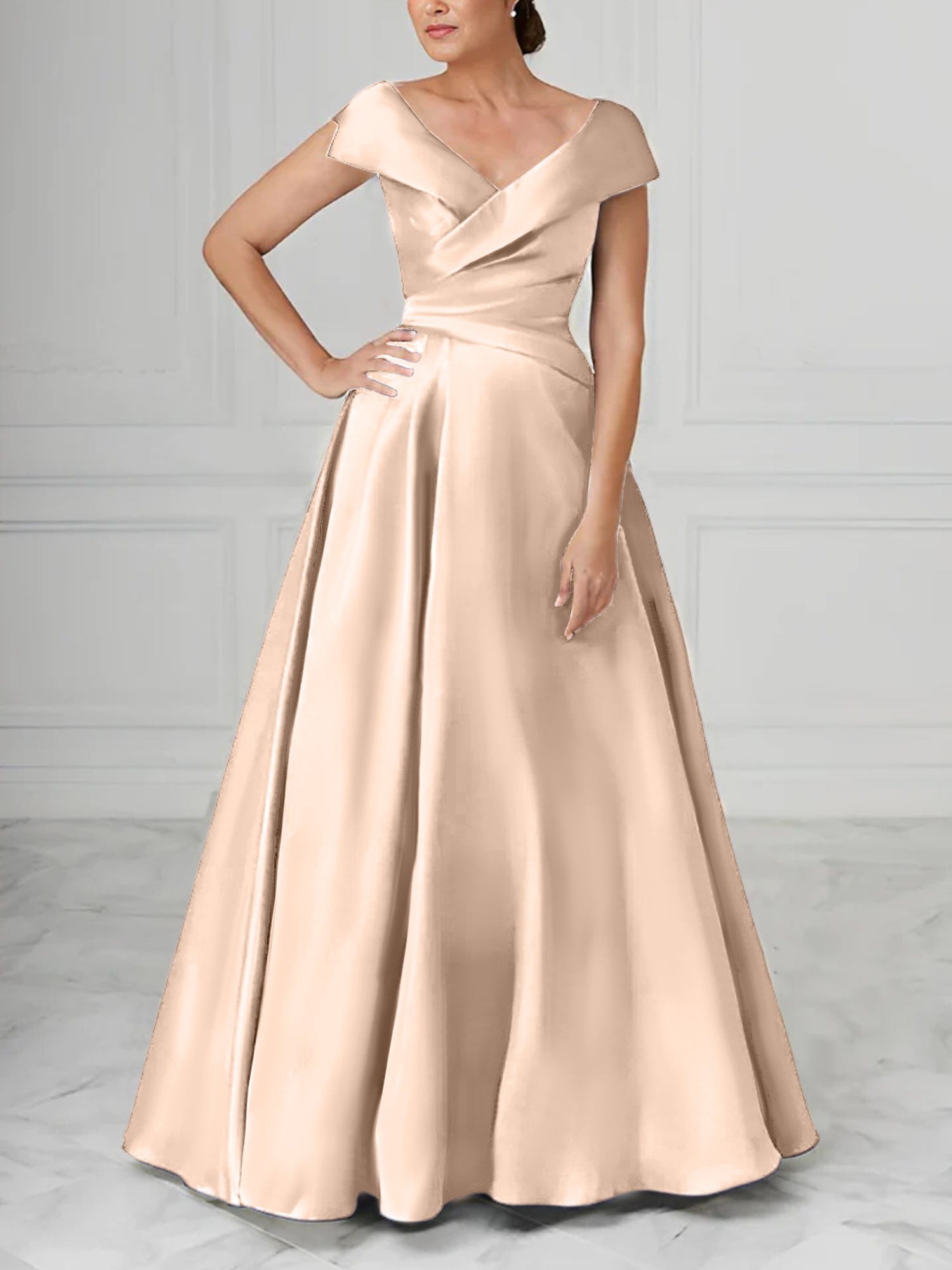 V-Neck Satin A-Line Mother of the Bride Dresses with Ruched Princess Details-BMbridal