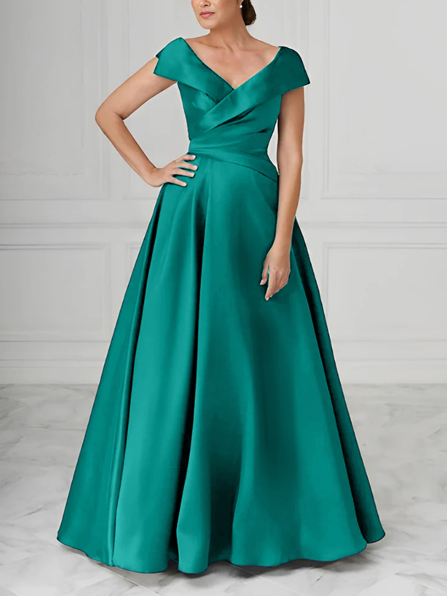 V-Neck Satin A-Line Mother of the Bride Dresses with Ruched Princess Details-BMbridal