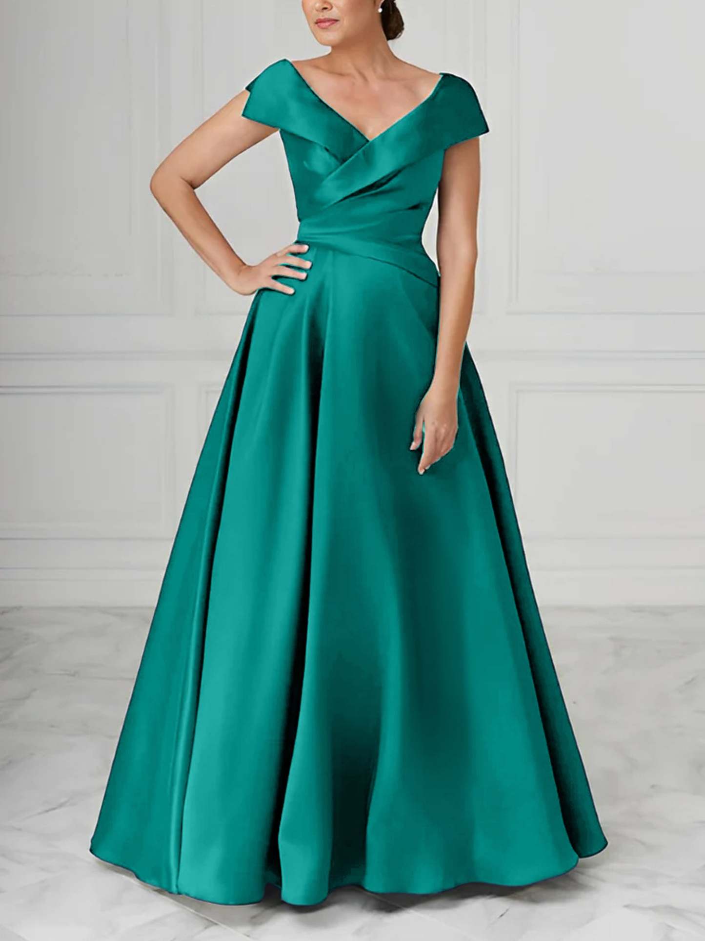 V-Neck Satin A-Line Mother of the Bride Dresses with Ruched Princess Details-BMbridal