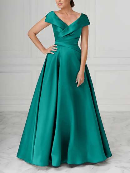 V-Neck Satin A-Line Mother of the Bride Dresses with Ruched Princess Details-BMbridal