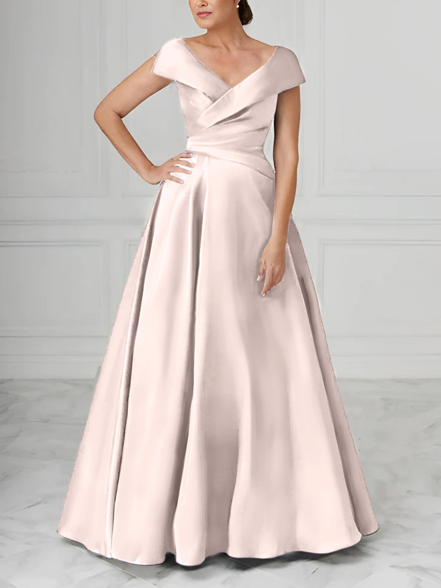 V-Neck Satin A-Line Mother of the Bride Dresses with Ruched Princess Details-BMbridal