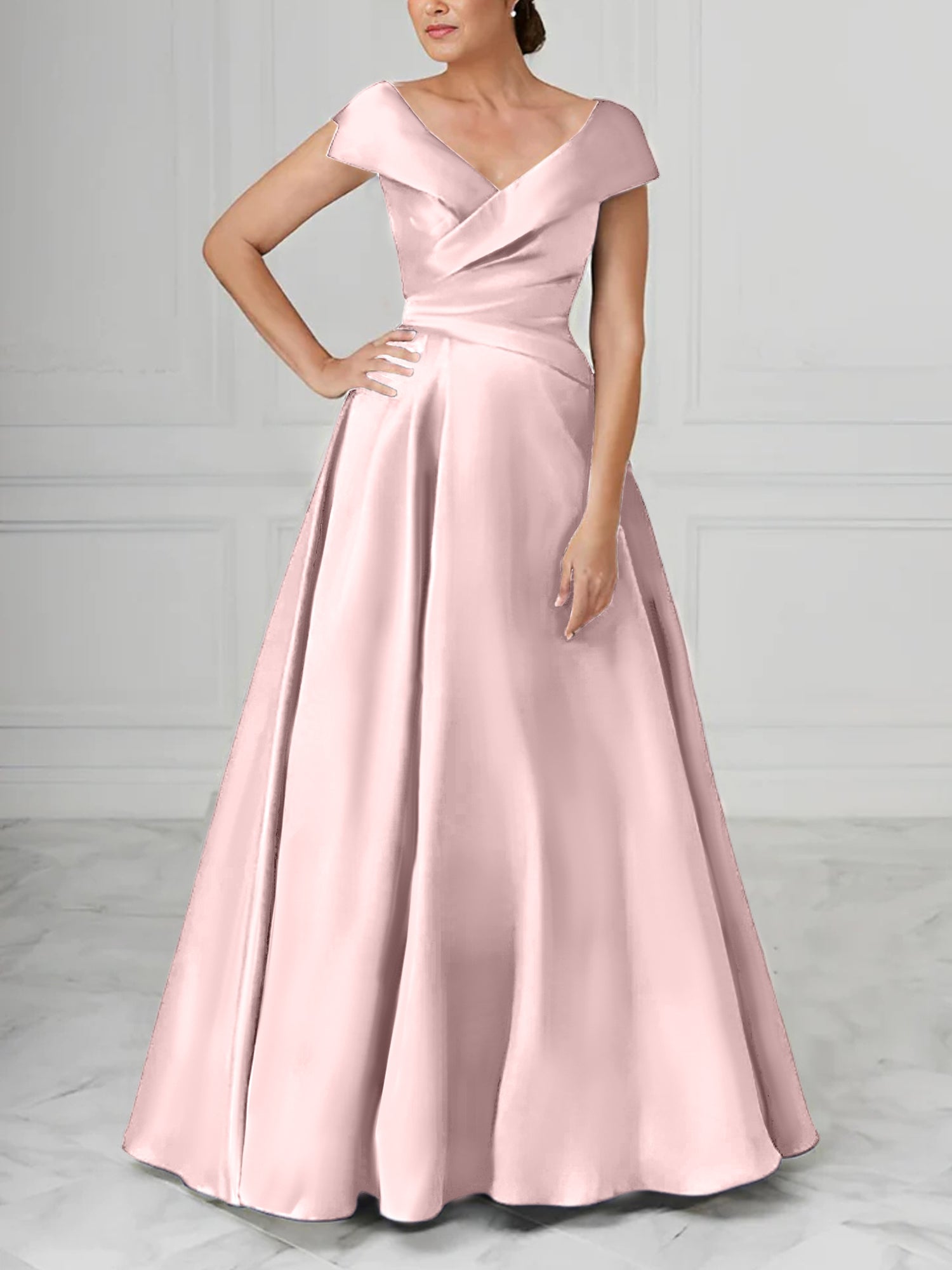 V-Neck Satin A-Line Mother of the Bride Dresses with Ruched Princess Details-BMbridal