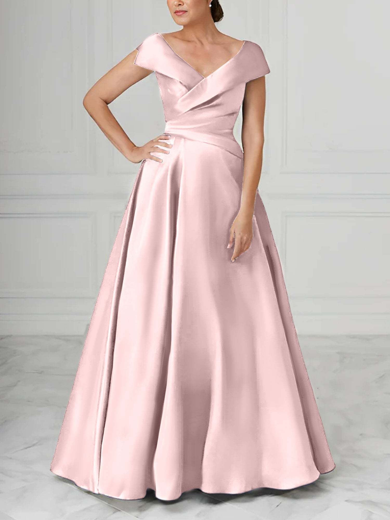 V-Neck Satin A-Line Mother of the Bride Dresses with Ruched Princess Details-BMbridal