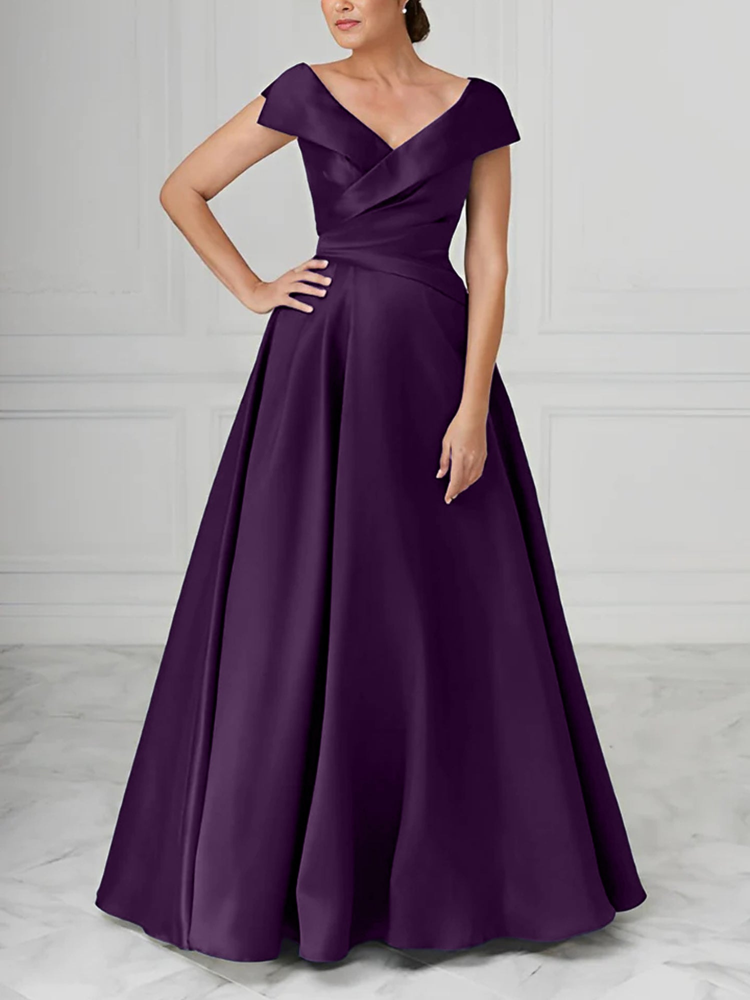V-Neck Satin A-Line Mother of the Bride Dresses with Ruched Princess Details-BMbridal