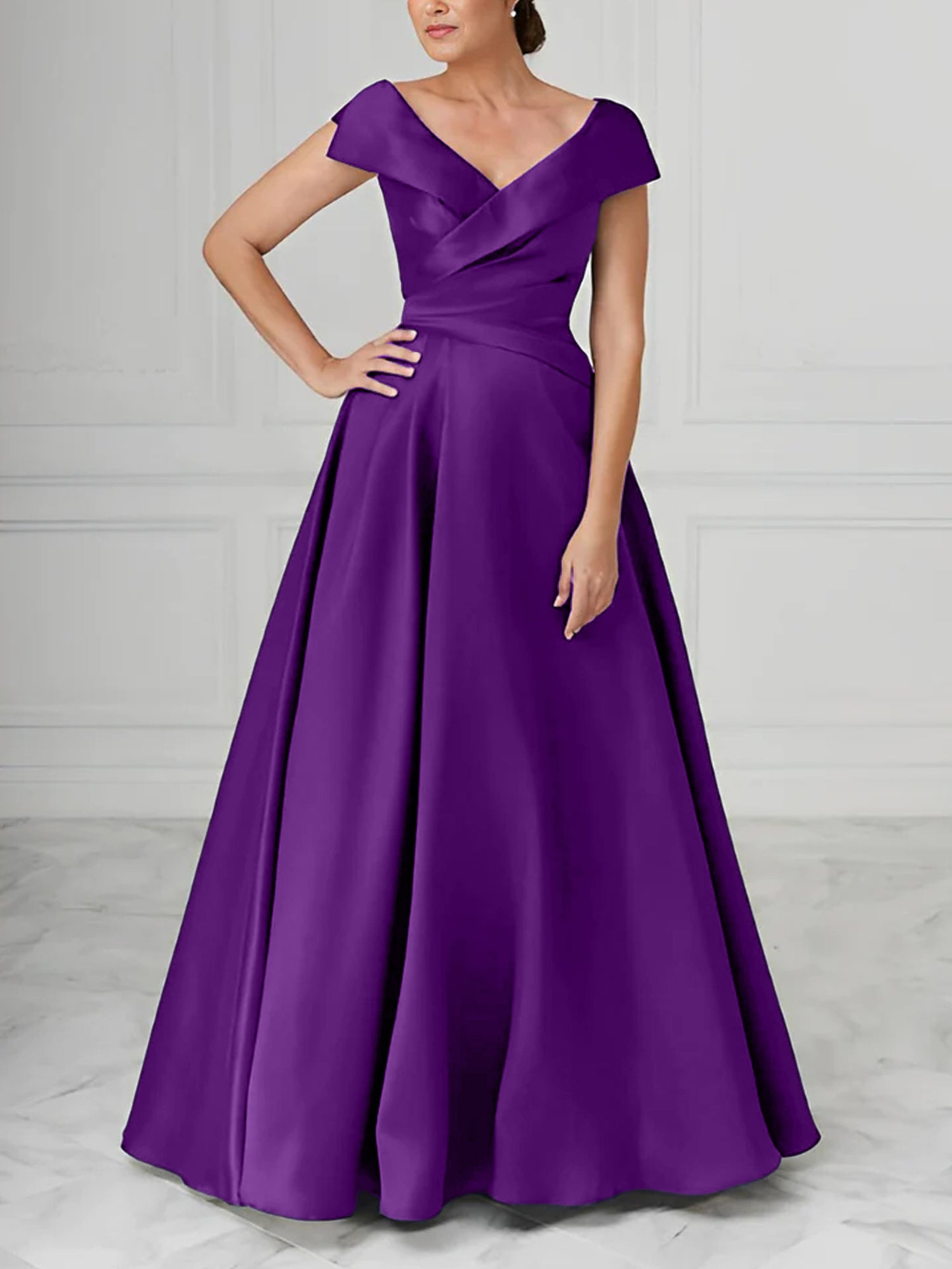V-Neck Satin A-Line Mother of the Bride Dresses with Ruched Princess Details-BMbridal
