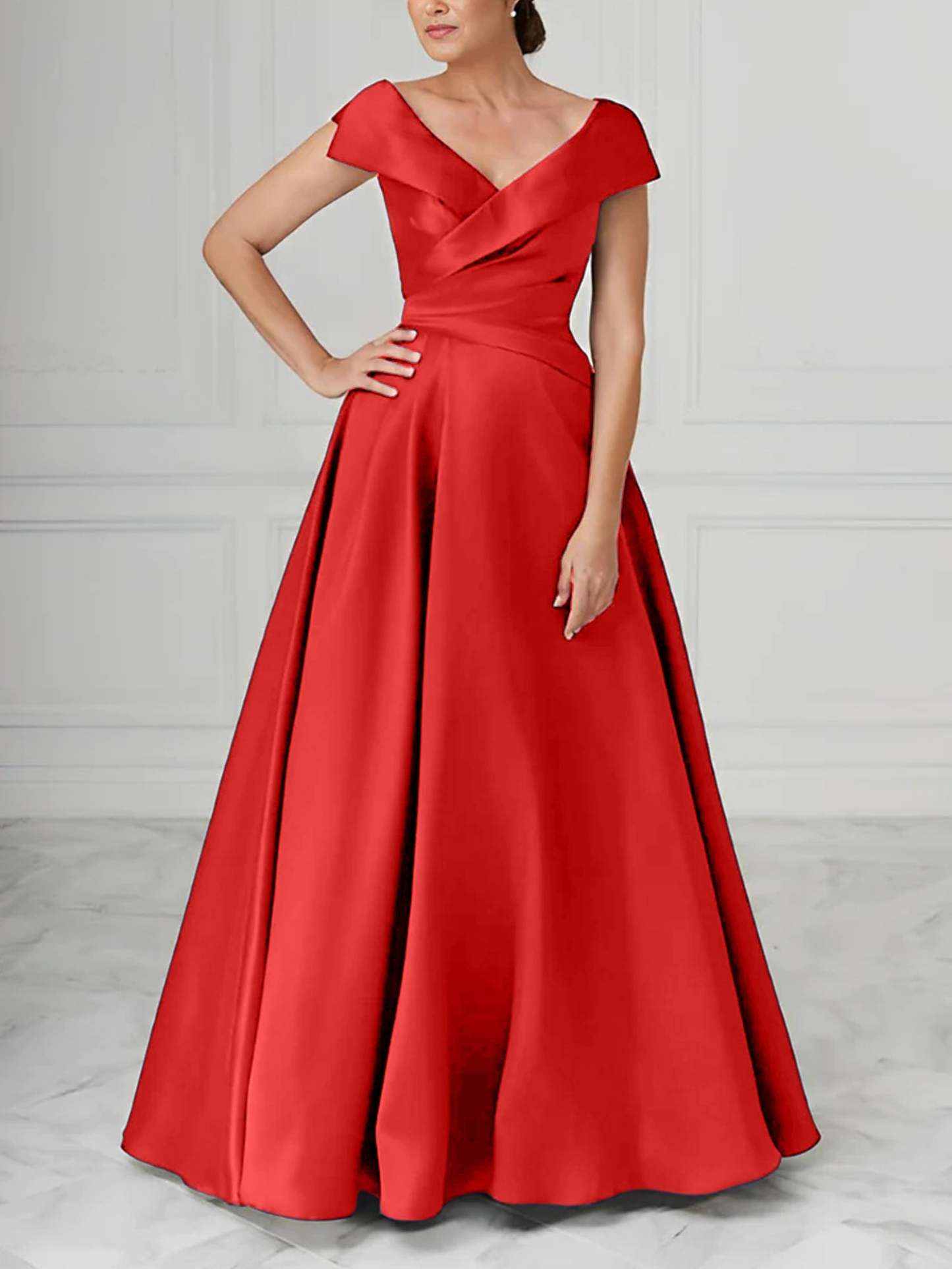 V-Neck Satin A-Line Mother of the Bride Dresses with Ruched Princess Details-BMbridal