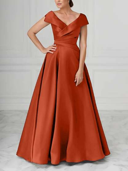 V-Neck Satin A-Line Mother of the Bride Dresses with Ruched Princess Details-BMbridal