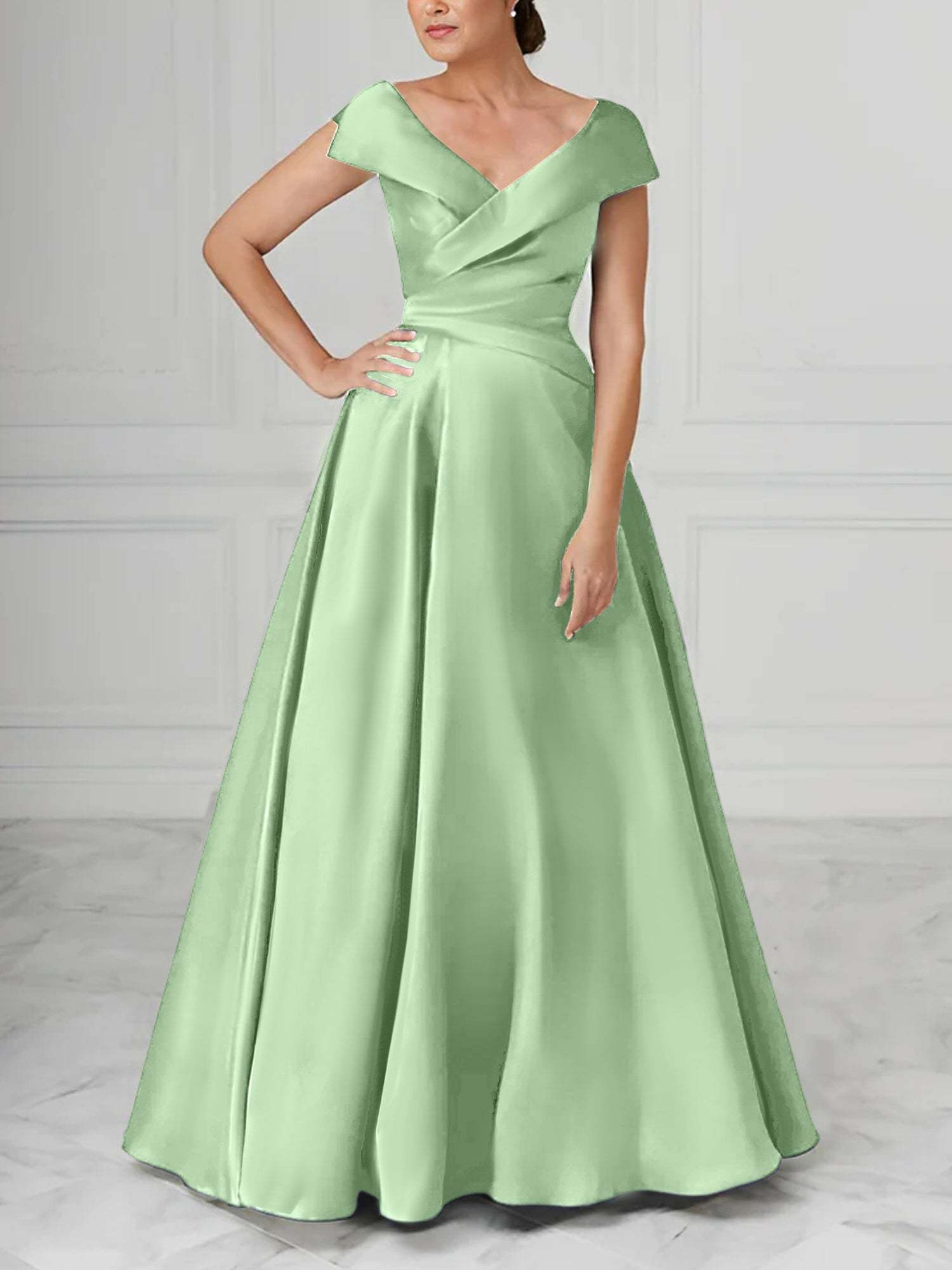 V-Neck Satin A-Line Mother of the Bride Dresses with Ruched Princess Details-BMbridal