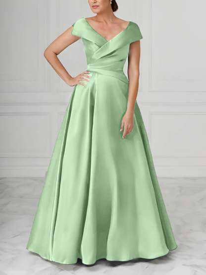 V-Neck Satin A-Line Mother of the Bride Dresses with Ruched Princess Details-BMbridal