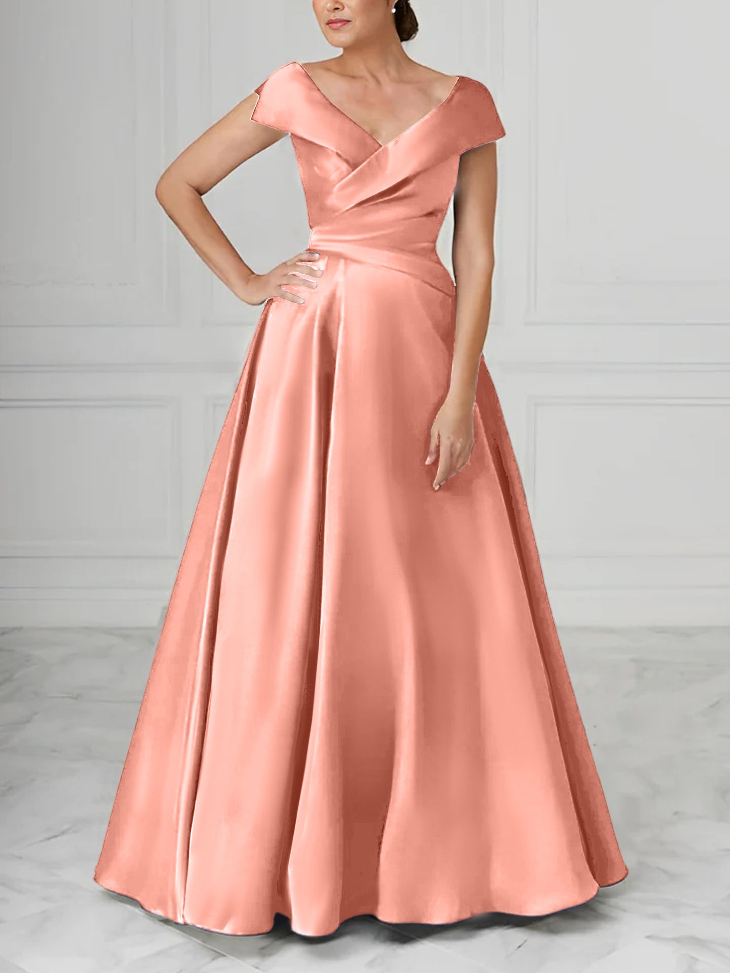 V-Neck Satin A-Line Mother of the Bride Dresses with Ruched Princess Details-BMbridal