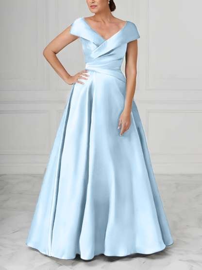 V-Neck Satin A-Line Mother of the Bride Dresses with Ruched Princess Details-BMbridal