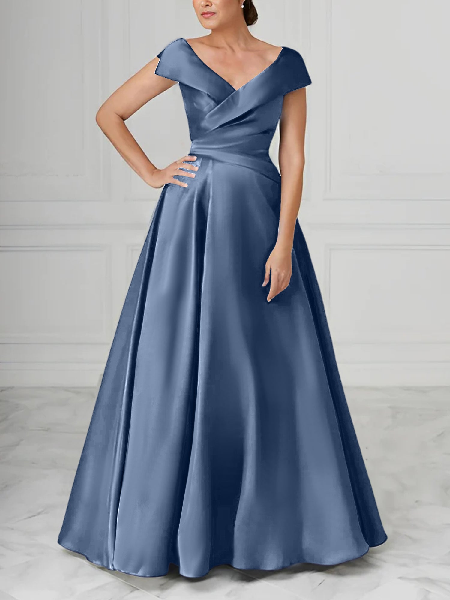 V-Neck Satin A-Line Mother of the Bride Dresses with Ruched Princess Details-BMbridal
