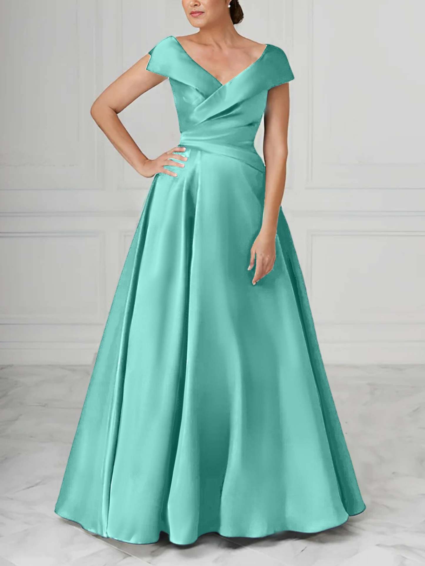 V-Neck Satin A-Line Mother of the Bride Dresses with Ruched Princess Details-BMbridal