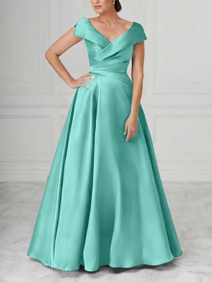 V-Neck Satin A-Line Mother of the Bride Dresses with Ruched Princess Details-BMbridal