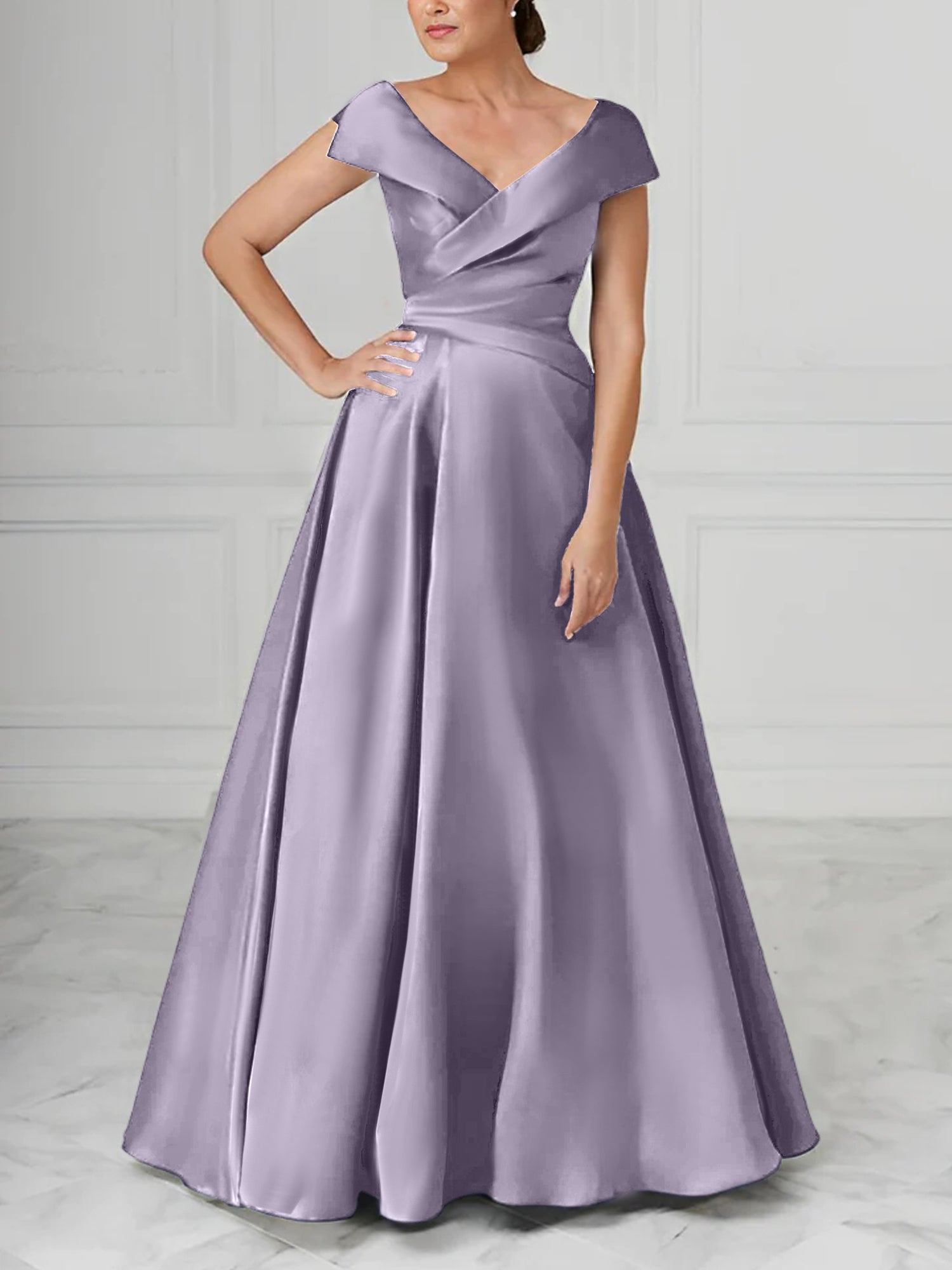V-Neck Satin A-Line Mother of the Bride Dresses with Ruched Princess Details-BMbridal