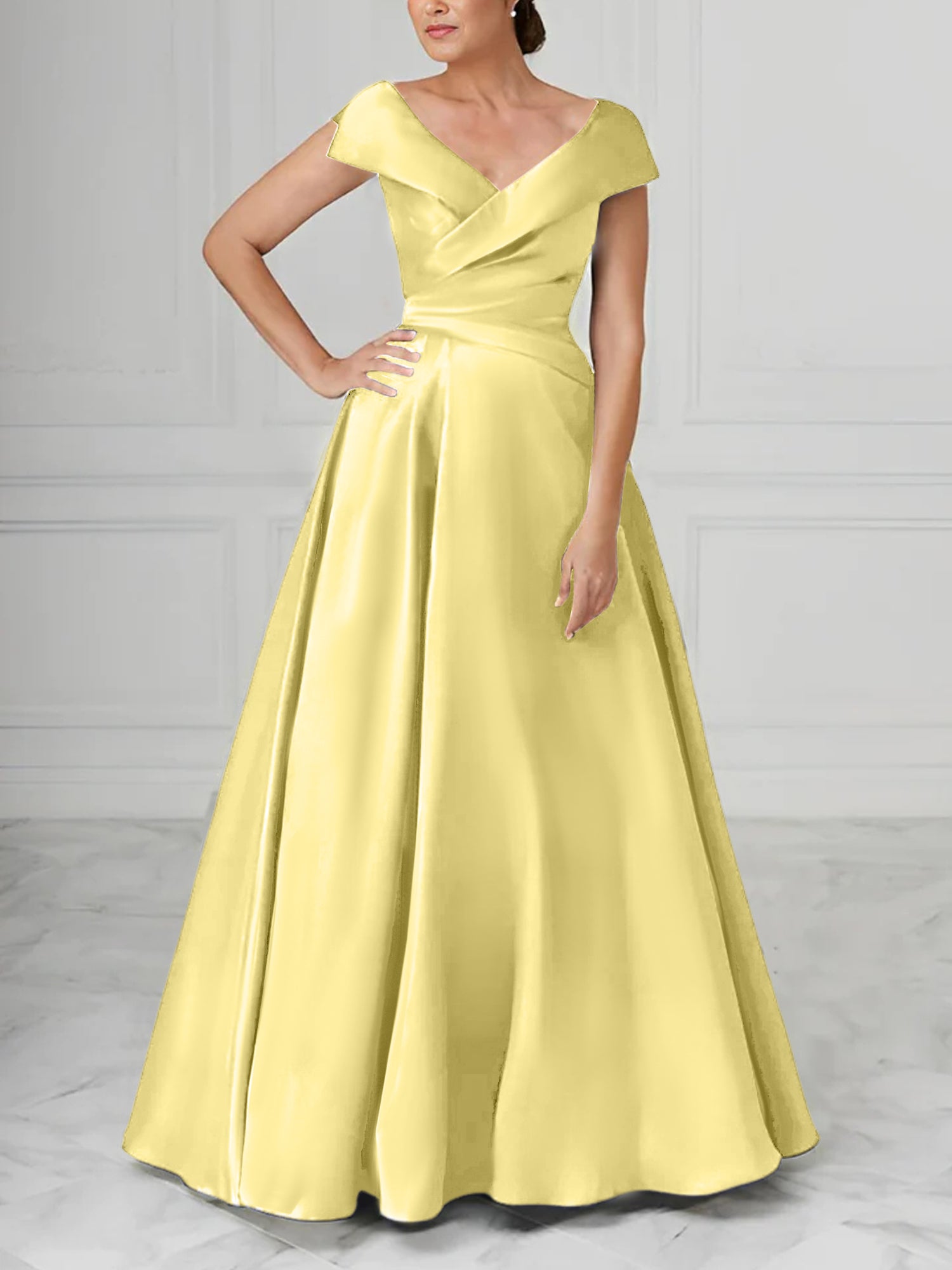 V-Neck Satin A-Line Mother of the Bride Dresses with Ruched Princess Details-BMbridal