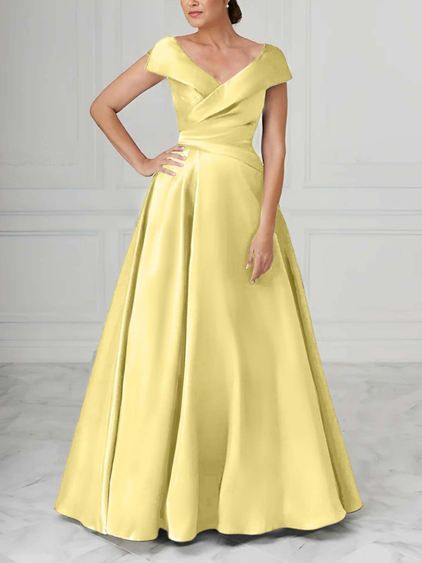 V-Neck Satin A-Line Mother of the Bride Dresses with Ruched Princess Details-BMbridal