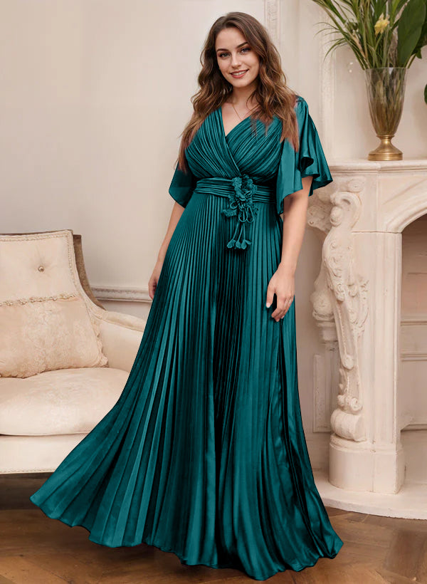 V-Neck A-Line Princess Short Sleeve Mother of the Bride Dress with Belt-BMbridal