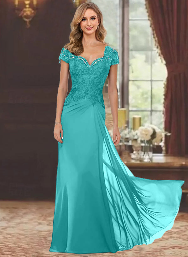 Sweetheart Short-Sleeve Floor-Length Sheath Mother of the Bride Dress with Lace Appliques & Sequins-BMbridal