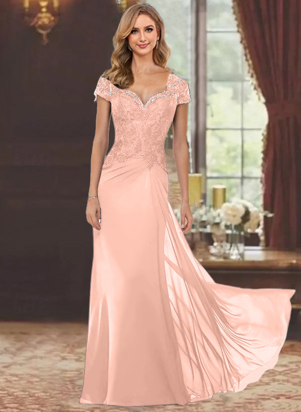 Sweetheart Short-Sleeve Floor-Length Sheath Mother of the Bride Dress with Lace Appliques & Sequins-BMbridal