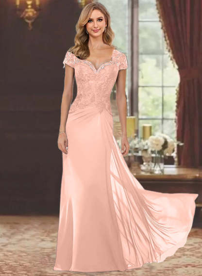 Sweetheart Short-Sleeve Floor-Length Sheath Mother of the Bride Dress with Lace Appliques & Sequins-BMbridal