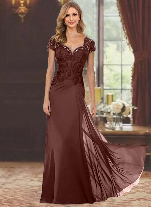 Sweetheart Short-Sleeve Floor-Length Sheath Mother of the Bride Dress with Lace Appliques & Sequins-BMbridal