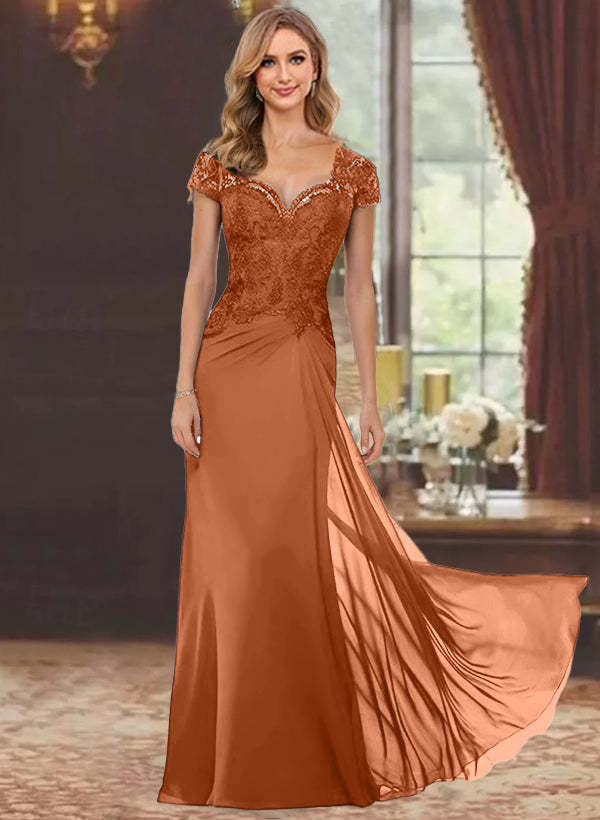 Sweetheart Short-Sleeve Floor-Length Sheath Mother of the Bride Dress with Lace Appliques & Sequins-BMbridal