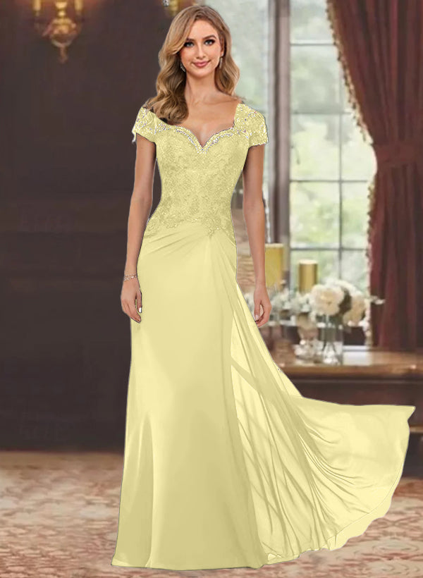 Sweetheart Short-Sleeve Floor-Length Sheath Mother of the Bride Dress with Lace Appliques & Sequins-BMbridal