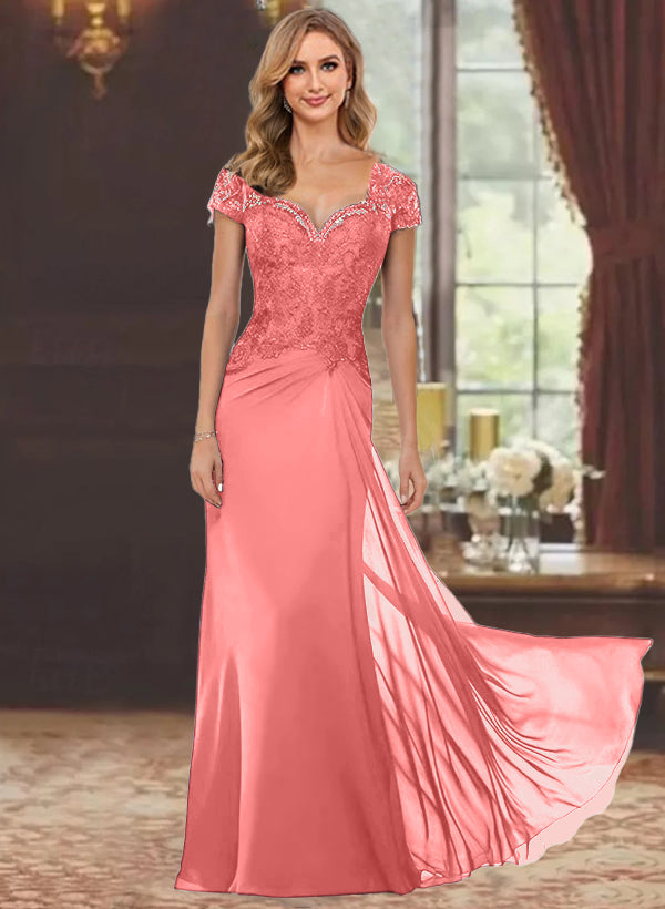 Sweetheart Short-Sleeve Floor-Length Sheath Mother of the Bride Dress with Lace Appliques & Sequins-BMbridal