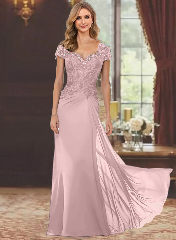 Sweetheart Short-Sleeve Floor-Length Sheath Mother of the Bride Dress with Lace Appliques & Sequins-BMbridal