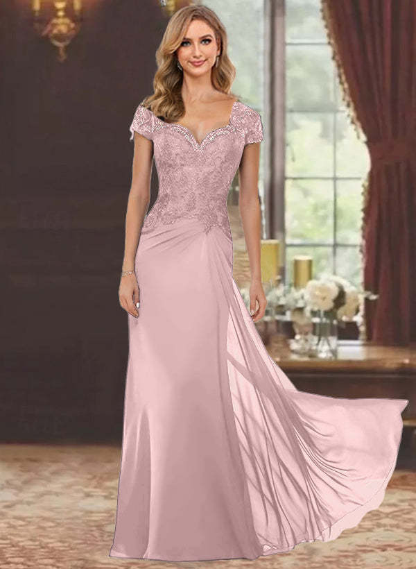 Sweetheart Short-Sleeve Floor-Length Sheath Mother of the Bride Dress with Lace Appliques & Sequins-BMbridal